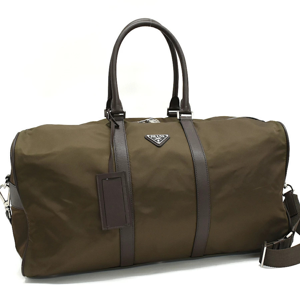 Prada Tessuto Boston Bag TESSUTO SAFFIANO Khaki Green Triangle Plate